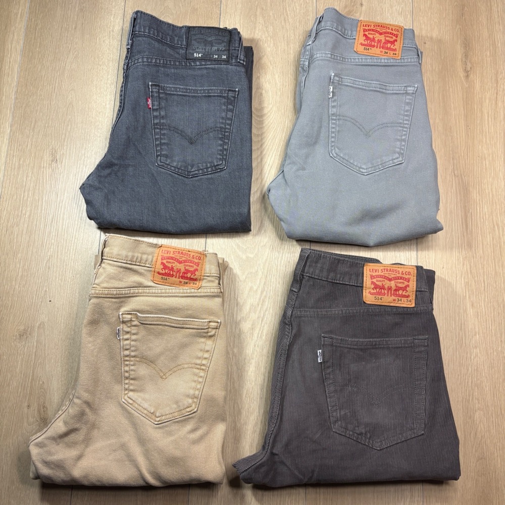 LOT OF 4 - Levi Strauss 514 Straight Fit Pants Jeans 34x34 Grey Khaki Corduroy